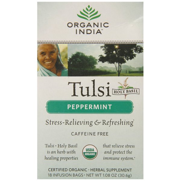 Organic India Tulsi Peppermint Herbal Tea - Stress Relieving & Refreshing, Immune Support, Aids Digestion, Vegan, USDA Certified Organic, Fairtrade, Caffeine-Free - 18 Infusion Bags, 1 Pack