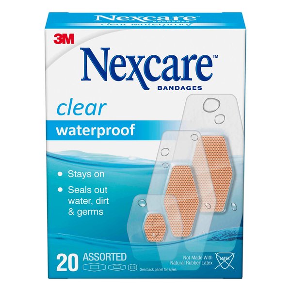 Nexcare Waterproof Bandages, Stays on in the Pool, Holds for 12 Hours, Clear Bandages for Fingers and Elbows - 20 Pack Waterproof Bandages