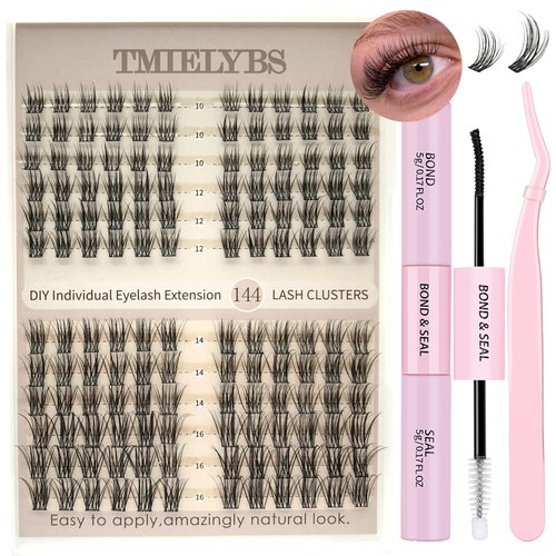 Individual Lashes Kit 144 Pcs Super Thin Band & Soft Lash Clusters with Bond and Seal Eyelash Tweezers 10-16mm D Curl Mega Volume Eyelash Extension Kit for Self Application DIY at Home, by TMIELYBS