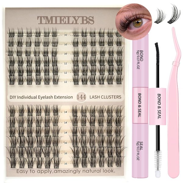 Individual Lashes Kit 144 Pcs Super Thin Band & Soft Lash Clusters with Bond and Seal Eyelash Tweezers 10-16mm D Curl Mega Volume Eyelash Extension Kit for Self Application DIY at Home, by TMIELYBS