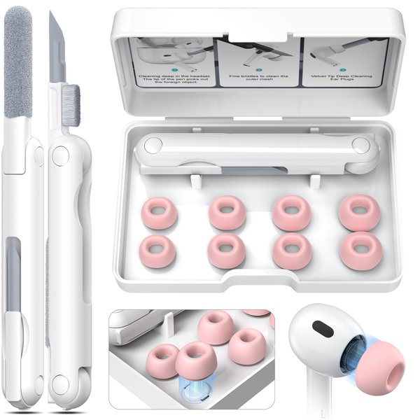 AirPods Pro 2nd Generation/1st Generation Earbuds (8 Earbud mounting Slots with Noise-canceling Holes and Built-in dust mesh), USB-C Charging Cradle, and Cleaning kit. 4 Pairs (XS/S/M/L), Pink