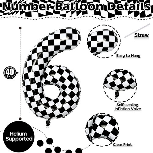 Giant Number Balloons 6, Black and White Checkered Self Inflating 0-9 Set Number Balloon for Kids, 40 Inch Foil Helium Racing 6 Balloon for Boys 6th Birthday Party Race Car Flag Decorations Supplies