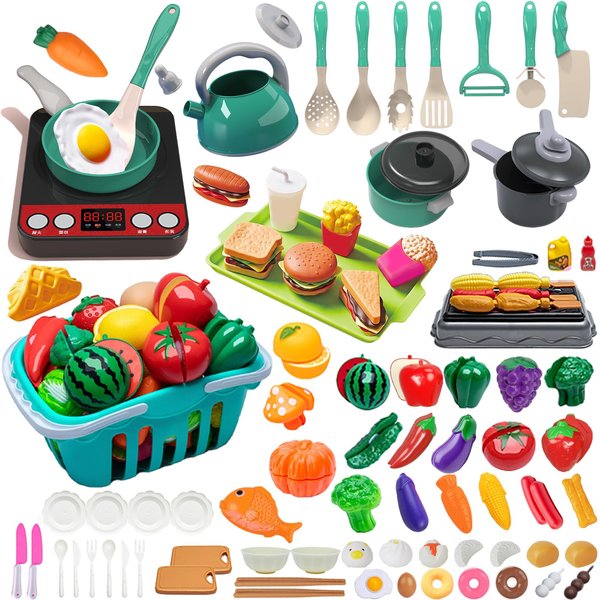 Lpluziyyds 108Pcs Kids Kitchen Toy Accessories, Toddler Pretend BBQ Camping Cooking Playset, Utensils Cookware Toys, Play Food Set, Toy Vegetables, Learning Gift for Girls Boys