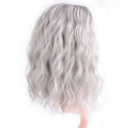 FAELBATY 14 Inch Curly Grey Wig Short bob Wigs Shoulder Length side part Women's Short Wig ombre color Synthetic Cosplay Wig for Girl Halloween Costume Wigs Ombre Purple Grey Color
