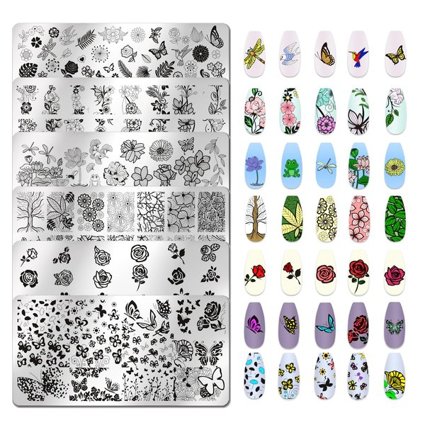 JERCLITY 6pcs Flower Nail Stamping Plate Nail Stamping Kit for Nails Rose Flower Lotus Butterfly Leaf Image Plates Nail Art Design Template Print Nail Stamper Kit for Women