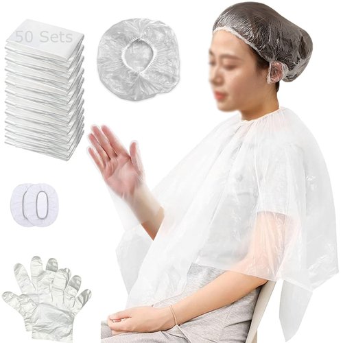 XDONEF 50 Pack Disposable Hair Dye Cape Waterproof Hair Color Cutting Cape Short Comb Out Beauty Salon Cape for Clients Hair Stylist Bleach Shampoo 39.3in with Caps Ear Covers Gloves