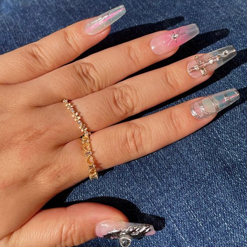 GlimightyX Gel Press on Nails Short,Handmade Salon Quality Thick Acrylic Cat Eye Designs Nails Press on,Reusable Medium Almond Long-lasting for 3 Weeks,10 Nails S Size,Punk Elegance