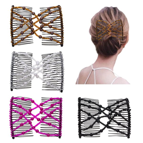 Ruihfas Easy Stretch Comb Beaded Double Stretching Combs DIY Hair Styling Accessories for Women Girls Hair Bun Maker, Pack of 4