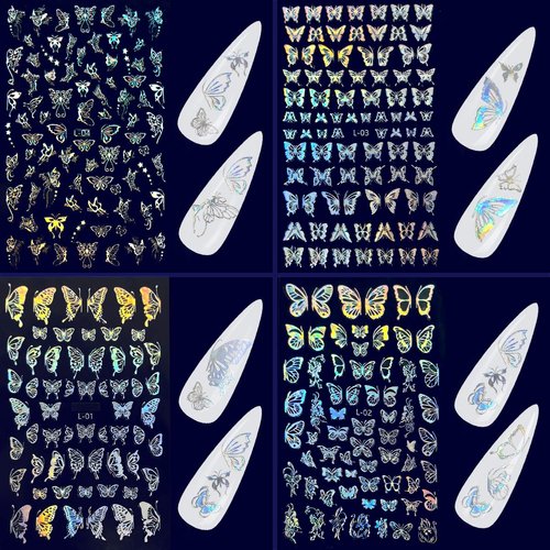 Holographic Butterfly Nail Art Sticker, KISSBUTY 4 Sheets Silver Butterfly Nail Decals Gummed Laser Butterflies Nail Adhesive Stickers Holographic Silver Butterfly Nail Art Decor Butterfly Manicure