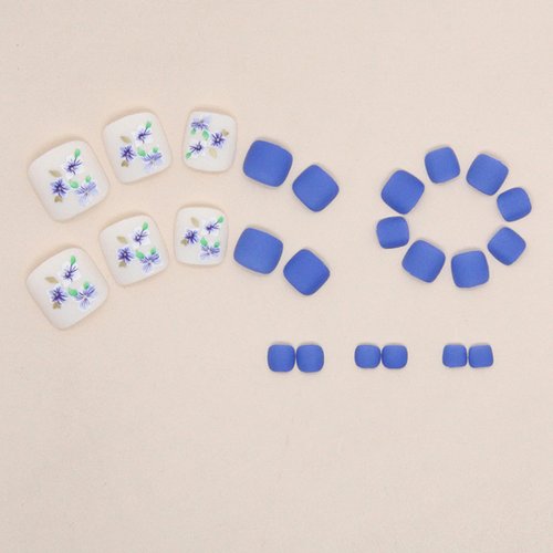 24Pcs Blue Press on Toenails White Blue Flower Fake Toe Nails Short Square False Toenails Orchid Floral Acrylic Toenails Matte Summer Toe Press on Nails Cute Beach Glue on Toenails for Women Girls