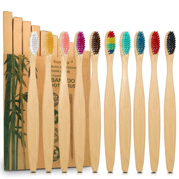 10 Color Soft Bristles Natural Bamboo Toothbrushes Set, Premium BPA Free for Best Clean, Eco-Friendly, Plastic-Free, Vegan, Biodegradable & Compostable Charcoal Wooden Toothbrush