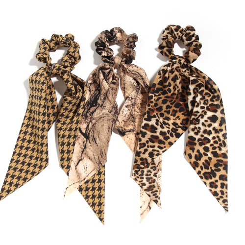 3 PCS Hair Scarf Scruncheis for Women- Hair Scarf with Bow Brown Hair Ties Leopard Ponytail Holders Hair Accessories for Girls Teens