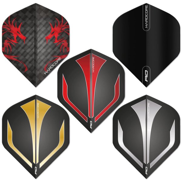 RED DRAGON Hardcore Assorted Selection Pack Extra Thick Standard Dart Flights - 5 Sets Per Pack (15 Dart Flights in Total)