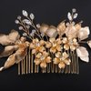 Teyglen Gold Flower Wedding Hair Comb Leaf Bridal Headpiece Bride Leaf Hair Comb Rhinestone Hair Accessories for Women Girls