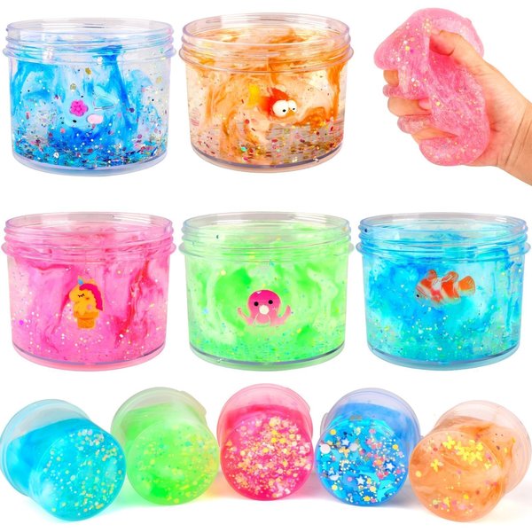 5 Packs Crystal Slime Kit, Ocean Clear Slime Kit, Non Sticky Super Soft Stress Relief Toy, Kids Party Favour Birthday Easter Christmas New Year Gift Sequin Slime for Girls Boys