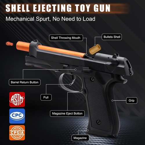 Bugrtey Black Toy Gun, Automatic Shell Ejecting Toy Gun with 120 Soft Bullets, 18 Shells and 2 Magazines Toy Foam Blasters & Guns Fidget Toy, Christmas Birthday Gifts for Boys Girls Kids Adults Age 8+
