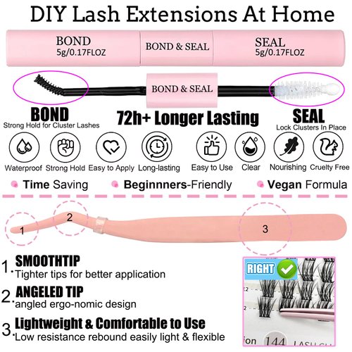 Individual Lashes Kit 144 Pcs Super Thin Band & Soft Lash Clusters with Bond and Seal Eyelash Tweezers 10-16mm D Curl Mega Volume Eyelash Extension Kit for Self Application DIY at Home, by TMIELYBS