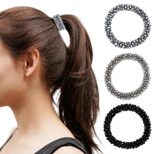 Mabor 3Pcs Rhinestone Hair Ties High Ponytail Holder Decorative Bling Elastic Fancy Beaded Hair Ties Glitter Pretty Hair Scrunchie Stretchy Hair Accessories for Women Girls
