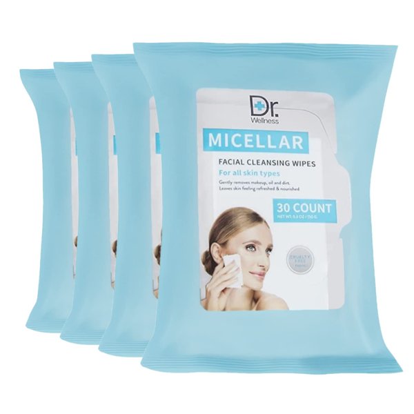 Micellar Face Wipes | 120 Micellar Wipes in 4 Packs, Good for Makeup Removal and Gerneal Facial Cleansing | Dr. Wellness