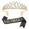 Black Gold "80 & Fabulous"Sash & Rhinestone Tiara Set, 80th Birthday Gifts for Women, Birthday Sash/Tiara for Women's 80th Birthday Party Decoration (Black 80th)