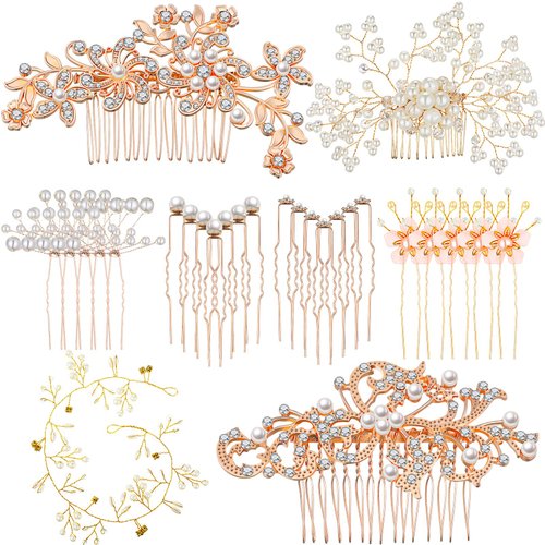 64 Pieces Wedding Hair Comb Set, Include 20 Flower Rhinestone Hair Sticks, 20 Pearl Hair Pins, 3 Crystal Pearl Combs, Pearl Wedding Hair Vine, 20 U Shaped Pearl Hair Clip (Novel Style)
