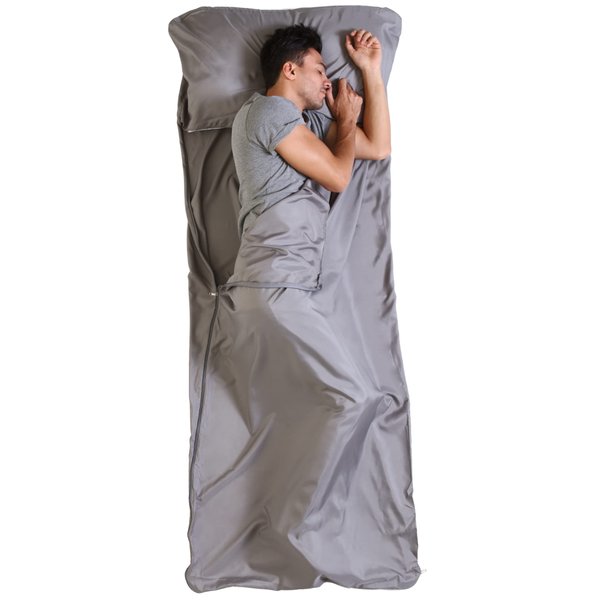 Tough Outdoors Sleeping Bag Liner - Adult Sleep Sack & Travel Sheets - for Backpacking, Hotels & Hostels - Lightweight Single & Double Camping Sleeping Bag Liners - Comfortable, Gray with Zipper