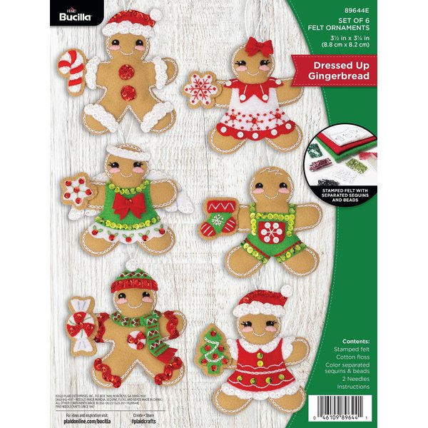 Bucilla, Dressed Up Gingerbread, Felt Applique 6 Piece Ornament Making Kit, Perfect for DIY Arts and Crafts, 89644E