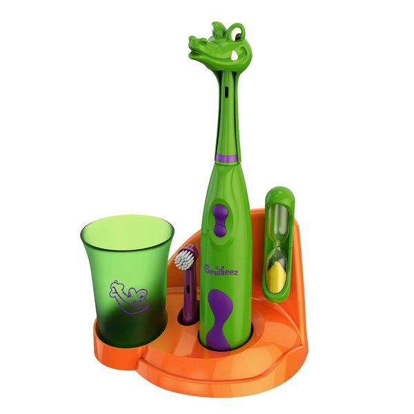 Brusheez Kids’ Electric Toothbrush Set - Safe & Effective for Ages 3+ - Parent Tested & Approved with Gentle Bristles, 2 Brush Heads, Rinse Cup, 2-Minute Timer, & Storage Base (Snappy The Croc)
