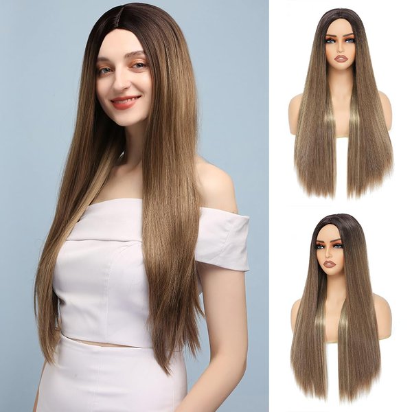 X-TRESS Ombre Brown Straight Hair Synthetic Wigs for Women 28 Inch Long Straight For Halloween Party Wig