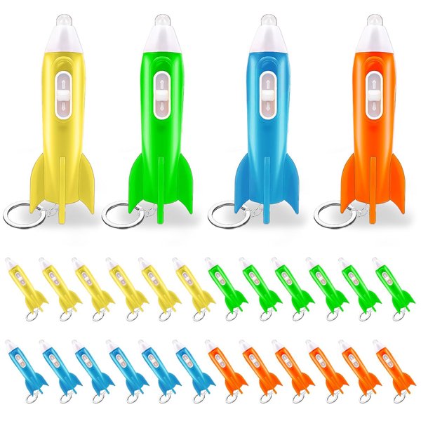 24 Pcs Mini Rocket Flashlight Helicopter Keychain, Astronaut Themed Outer Space Party Favors, Rocket LED Flashlight Keychanins for Kids Backpack