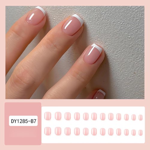 SINSEN French Tip Press on Nails Short Square Fake Nails, Cute Glue on Nails, Glossy Pink Acrylic Nail Kit, Summer Nail Art Decorations Full Cover White French Designs Stick on Nails for Women 24Pcs