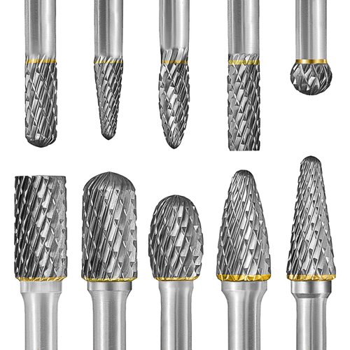 Tungsten Carbide Burr Set 1/4" Shank 10PC Double Cut Rotary Cutting Burrs Die Grinder Bits for Steel and Wood Working, Grinding, Carving, and Engraving
