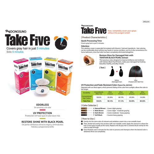 Dongsung Take Five Hair Dye Color #5 Matt Brown Covers Gray Hair Just in 5 Minutes Pearl Extract, Ammonia Free, No Odor, UV Protection