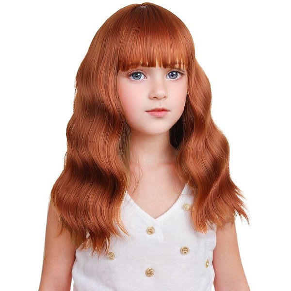 Ufindcos Dark Orange Wig with Bangs for Kids Auburn Wig Child Short Dark Orange Wig Short Wavy Curly Girls Synthetic Wig with Wig Cap
