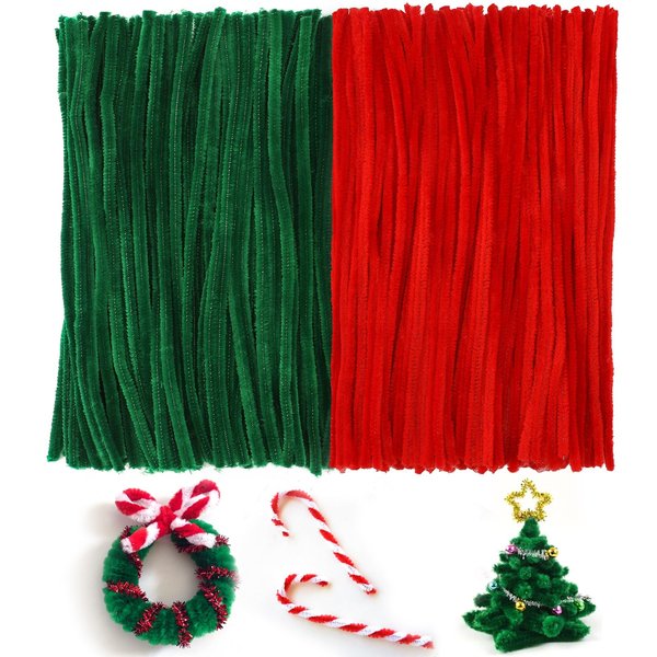 FirstKitchen Pipe Cleaners Craft, 200pcs Dark Green and Red Pipe Cleaner for Craft, 0.23"X12" Plush and Pliable Chenilles Stems Pipe Cleaner, Christmas Craft Pipecleaners for DIY Arts Crafts