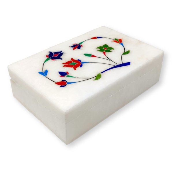 Hashcart Marble Jewelry Box Organizer - Decorative Trinket Box - Hand carved Floral Design - Keepsake Box | Anniversary, Housewarming Gifts For Women | (6x4 inch)