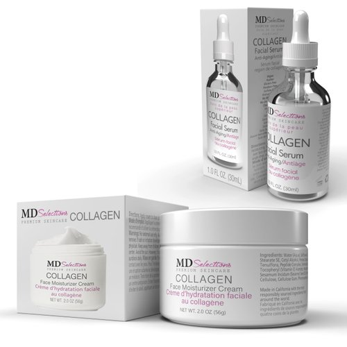 MD Selections Collagen Facial Serum & Cream | Face Moisturizer Advanced Collagen Peptide | Tighten for Dry Skin Vegan Repair Anti Aging Hydratation Faciale Formula | Serum 1 Fl Oz, Cream 2 Oz
