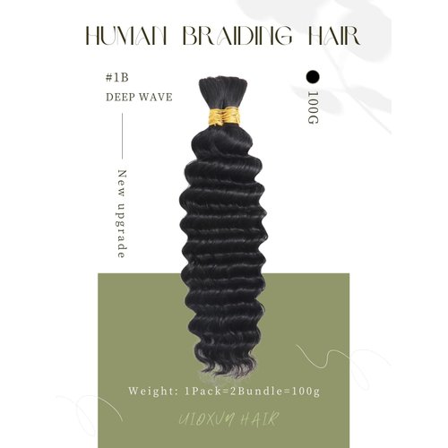 Human Braiding Hair 2Bundles 100g 16 Inch Deep Wave Bulk Human Hair for Braiding No Weft 12A Brazilian Virgin Curly Human Hair Extensions for Boho Braids Wet and Wavy Human Hair Braiding Hair