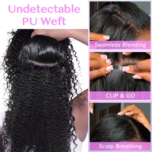 IDN BEAUTY Seamless Clip In Hair Extensions Human Hair, Kinky Curly 18 Inch 110g 7pcs Natural Black Seamless Curly Clip Ins Remy Human Hair Seamless Clip Ins For Black Women PU Weft Invisible Edge