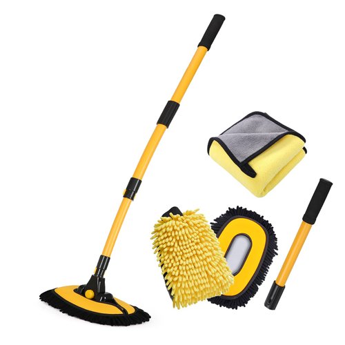 NEZENO 57'' Car Wash Brush with Long Handle Chenille Microfiber Car Wash Kit， Mitt Retractable Bent Pole Car Wash Brush for Cars RV Truck Boat (Yellow)