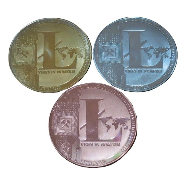 TrendyLuz 3 PC Colored Set of Litecoin LTC Physical Display Metal Novelty Play Chip Tokens in Plastic Holder Cases and Velvet Pouch by