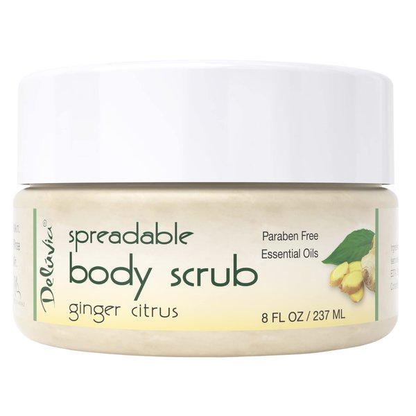 Deluvia Dead Sea Salt Scrub, Moisturizing Gentle Exfoliating Scrub, Creamy Body Wash, Shower Scrub with Sweet Almond Oil, Dead Sea Salts and Essential Oils.
