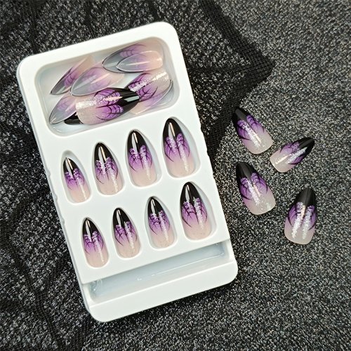Halloween Press on Nails Short Almond Fake Nails Black Spider Web French Tip Acrylic Glue on Nails Full Cover Purple Gradient False Nail Stick on Nails Glossy Shiny Glitter False Nail for Women 24Pcs