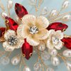 Xerling Red Rhinestones Crystal Flower Hair Barrettes Clip Boho Bridal Pearl Hair Jewelry Accessories for Women Wedding Floral Headpieces (Red)