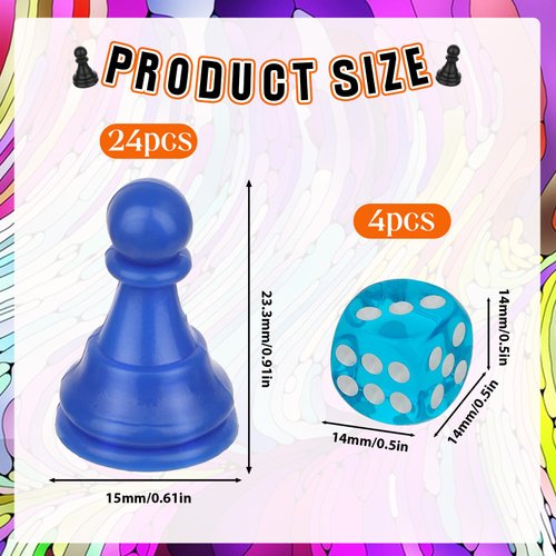28pcs Multicolor Board Game Pieces, Game Pawns Include 24 Chess Pieces and 4 Dices Game Pieces for Board Games Plastic Chess Checkers Game Components Table Marking
