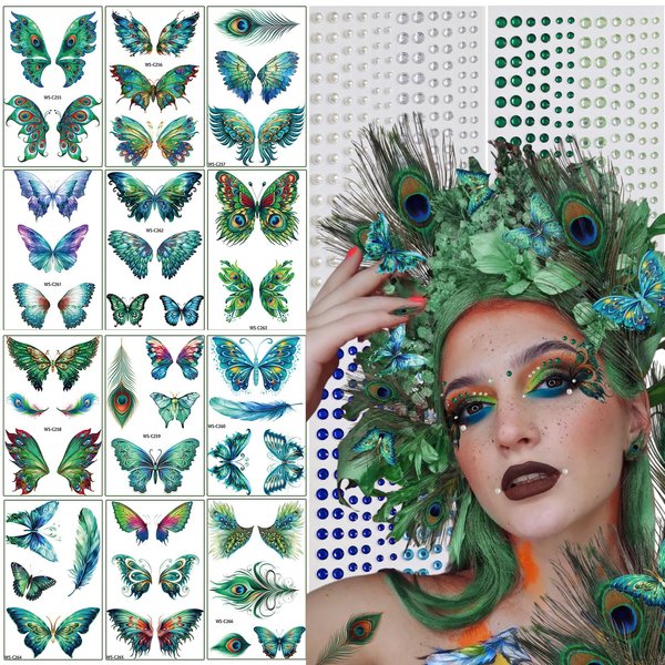 15 Sheets Glitter Butterfly Temporary Tattoos Sticker for Women Eye Face Makeup Self Adhesive Rhinestone Pearl Flash Fairy Shiny Peacock Pattern Butterflies Fake Tattoos for Girls Rave Party