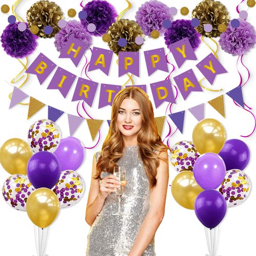 Purple Gold Birthday Decorations Party Supplies Include Happy Birthday Banner 14pcs Balloons 9pcs Pom Poms Flower 6pcs Hanging Swirls 1pcs Circle Dots Banner 1pcs Triangle Pennant Great for Women
