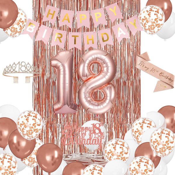 18th Birthday Decorations for Girls, Happy 18th Birthday Banner, Balloon, Cake Topper, Sash and Crown, Rose Gold 18 year old Birthday Party Decorations for Girls
