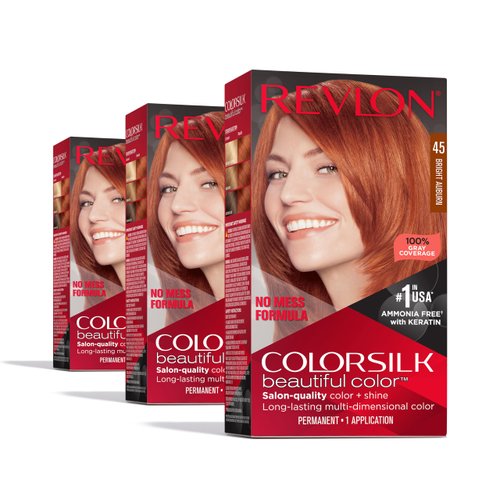 Revlon ColorSilk Beautiful Color Permanent Hair Color, Long-Lasting High-Definition Color, Shine & Silky Softness with 100% Gray Coverage, Ammonia Free, 45 Bright Auburn, 3 Pack