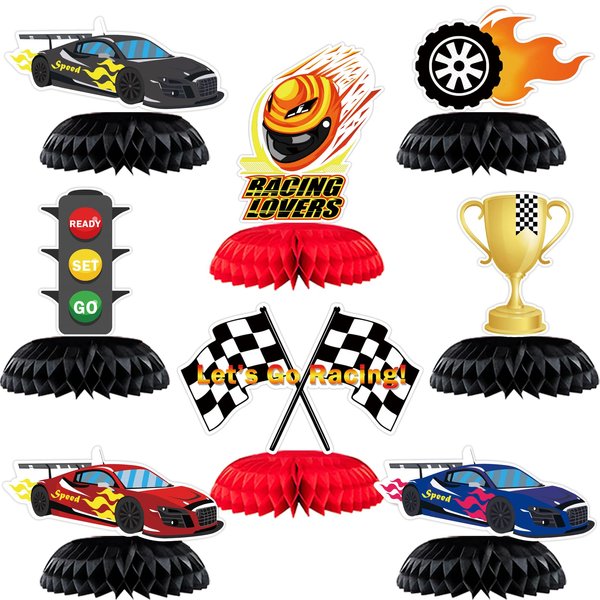 8 Pcs Racing Car Honeycomb Decorations, 3D Double-Sided Patterns Racing Car Table Centerpieces Decorations for Kids' Boy's Racing Theme Baby Shower Birthday Party Decoration